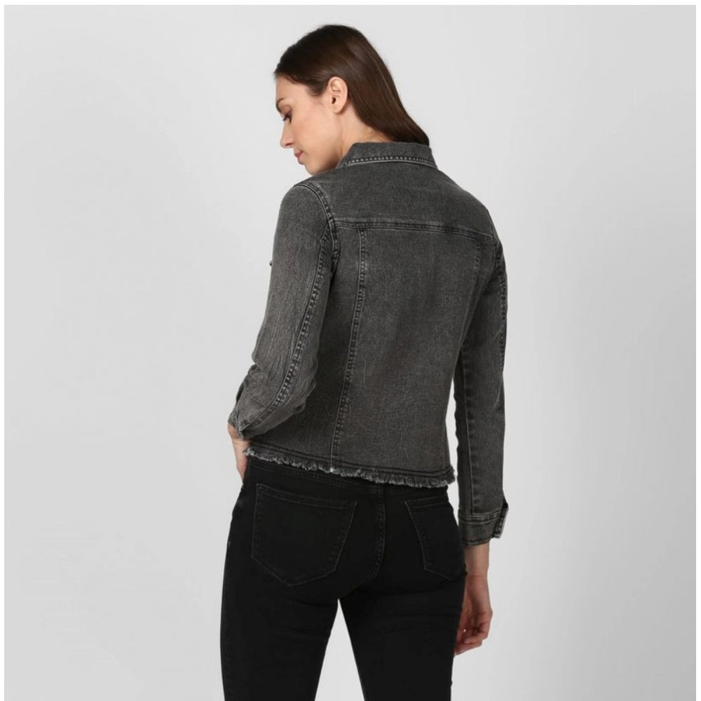 PKRKART Women's Denim Distressed Long Sleeve Jacket (Black)