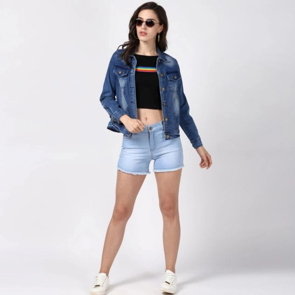 PKRKART Women's Denim Hand Painted Long Sleeve Jacket (Blue)