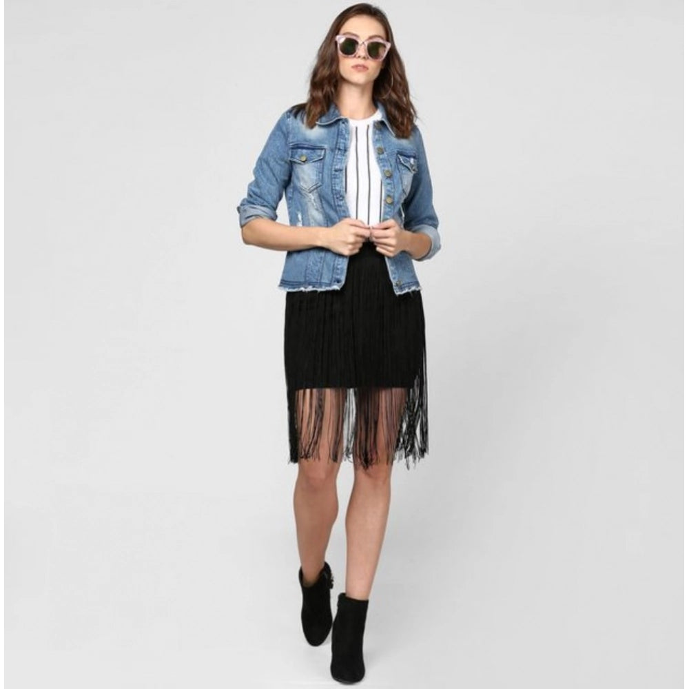 PKRKART Women's Denim Distressed Long Sleeve Jacket (Blue)