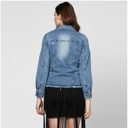 PKRKART Women's Denim Distressed Long Sleeve Jacket (Blue)