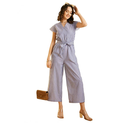 PKRKART Women's Cotton Chambray Striped Short Sleeve Jumpsuit (Blue)