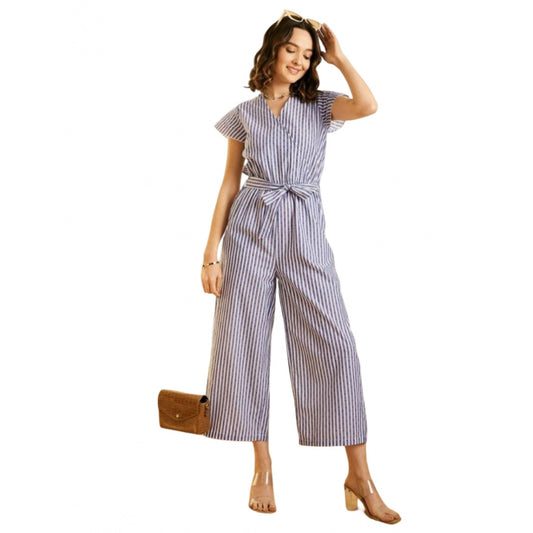 PKRKART Women's Cotton Chambray Striped Short Sleeve Jumpsuit (Blue)