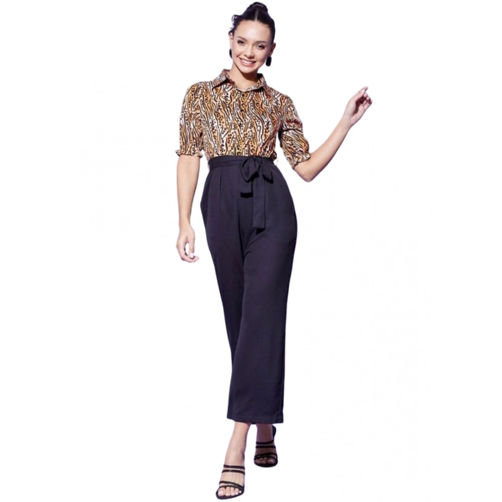 PKRKART Women's Polyester Animal Print Half Sleeve Jumpsuit (Orange - Black)