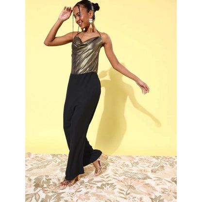 PKRKART Women's Polyester Embellished Sleeveless Jumpsuit (Gold)