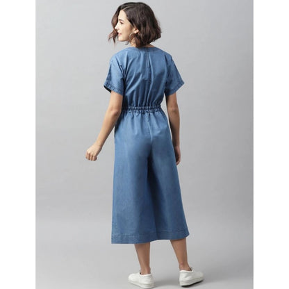 PKRKART Women's Denim Solid Half Sleeve Jumpsuit (Blue)