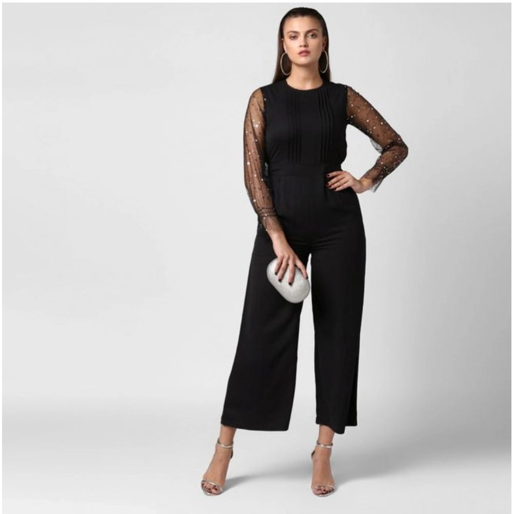 PKRKART Women's Polyester Embellished Long Sleeve Jumpsuit (Black)