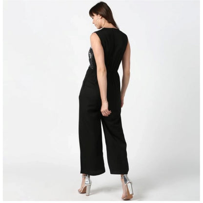 PKRKART Women's Polyester Embroidered Sleeveless Jumpsuit (Black)