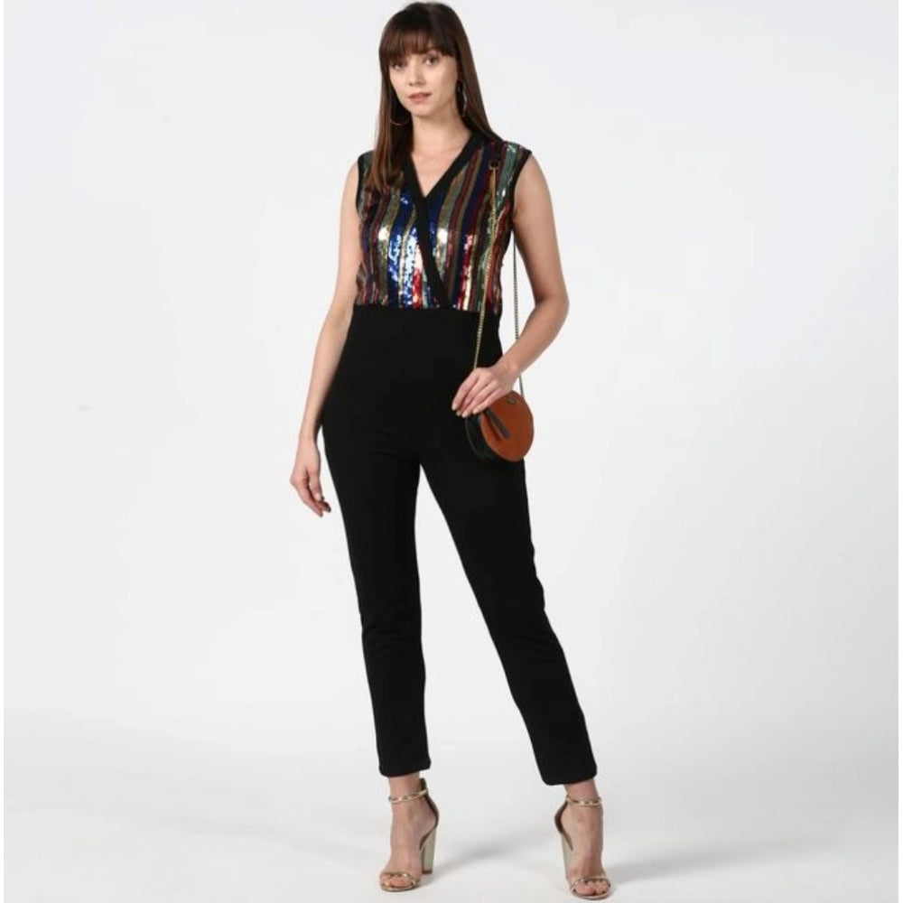 PKRKART Women's Polyester Embellished Sleeveless Jumpsuit (Black)