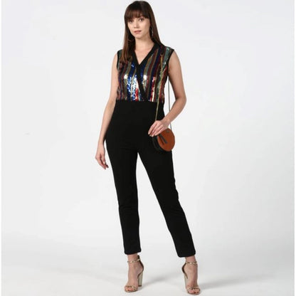 PKRKART Women's Polyester Embellished Sleeveless Jumpsuit (Black)