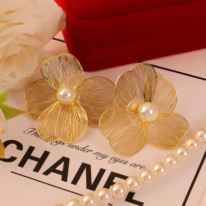 Petal Pearl Elegance Earrings For Women | Flower Earrings For Girls| Floral Studs For Girlfriend| Stylish Pearly Stud For Adults | Golden