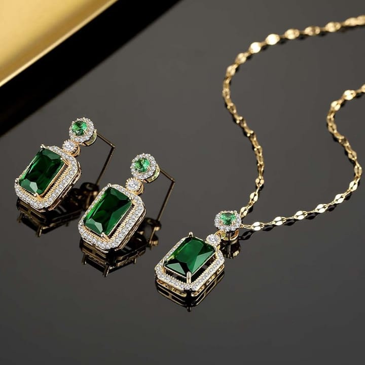 Emerald Jewelry for Women Green Stone Necklace Earrings Set Cute Necklaces with Crystal Dangle Earrings