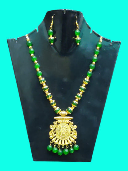 Green & gold colour Long oxidised necklace golden oxidised jewellery set for women and girls