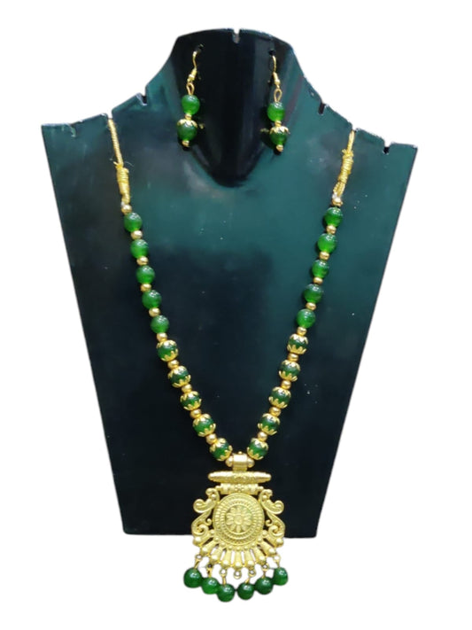 Green & gold colour Long oxidised necklace golden oxidised jewellery set for women and girls